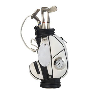 RELOJ EN FORMA DE BOLSA DE GOLF Y PORTAPLUMAS